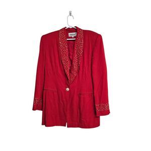 Copyright by Int Fashion Club New York Red Blazer w/ Beaded‎ Collar Women's Sz 8